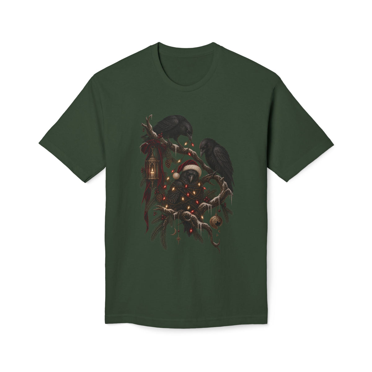 Christmas Crow T-Shirt — Festive Raven with Ornaments & Lights