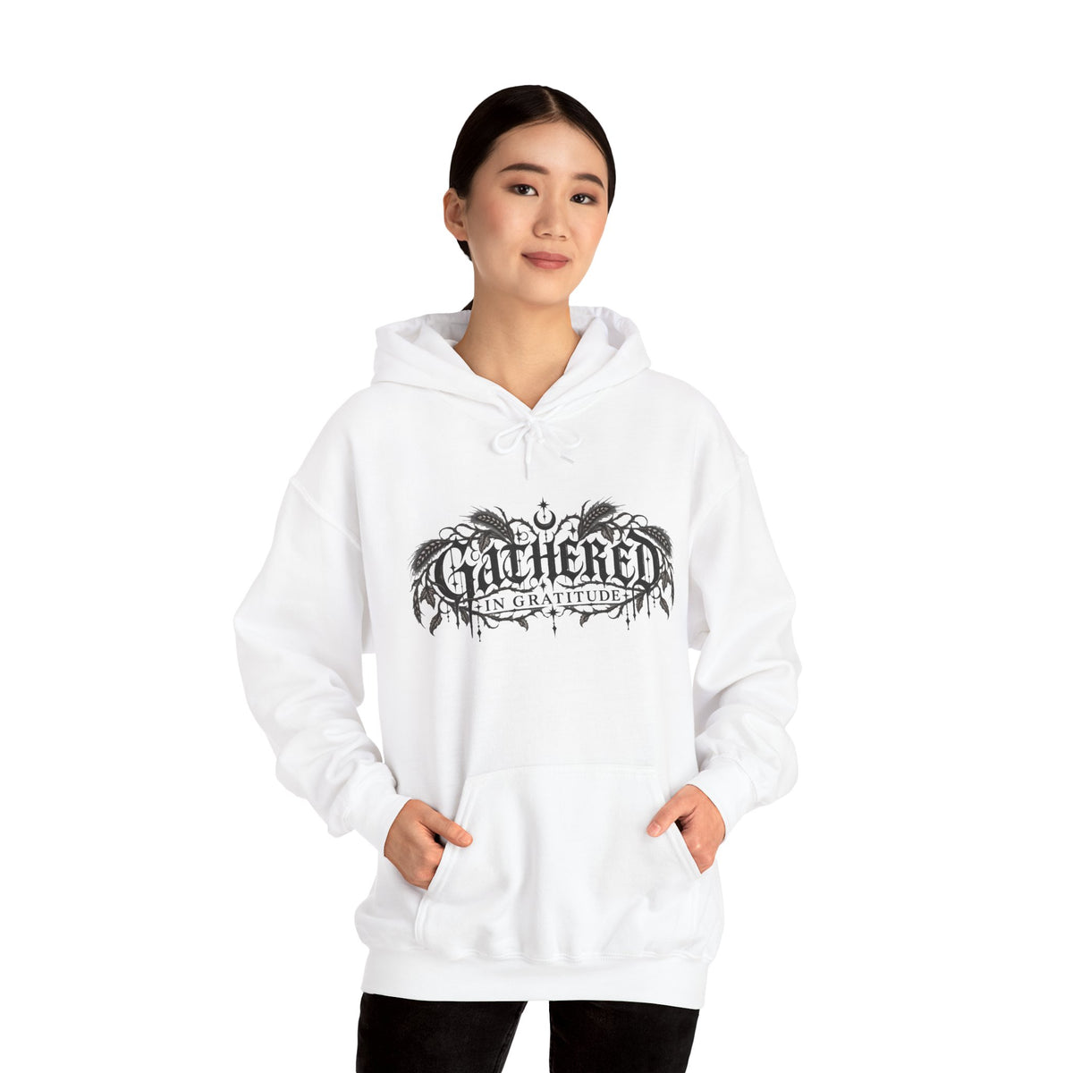 Gathered in Gratitude Hoodie — Gothic Winged Script Pullover