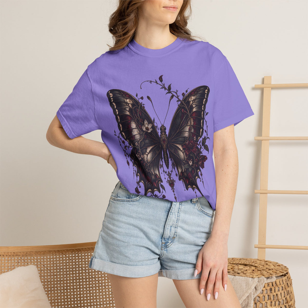 Gothic Dark Butterfly T‑Shirt — Vintage Floral Moth Graphic
