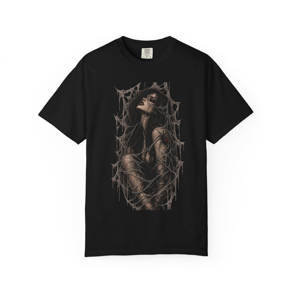 Gothic Web Embrace T-Shirt — Dark Art Femme in Cobweb Frame
