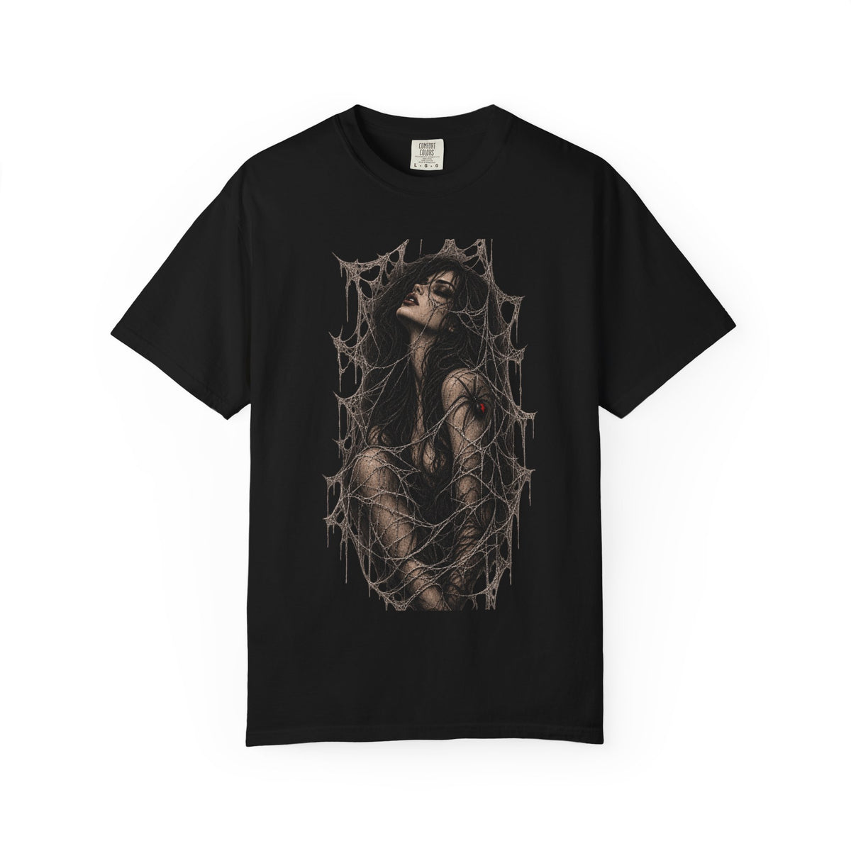 Gothic Web Embrace T-Shirt — Dark Art Femme in Cobweb Frame