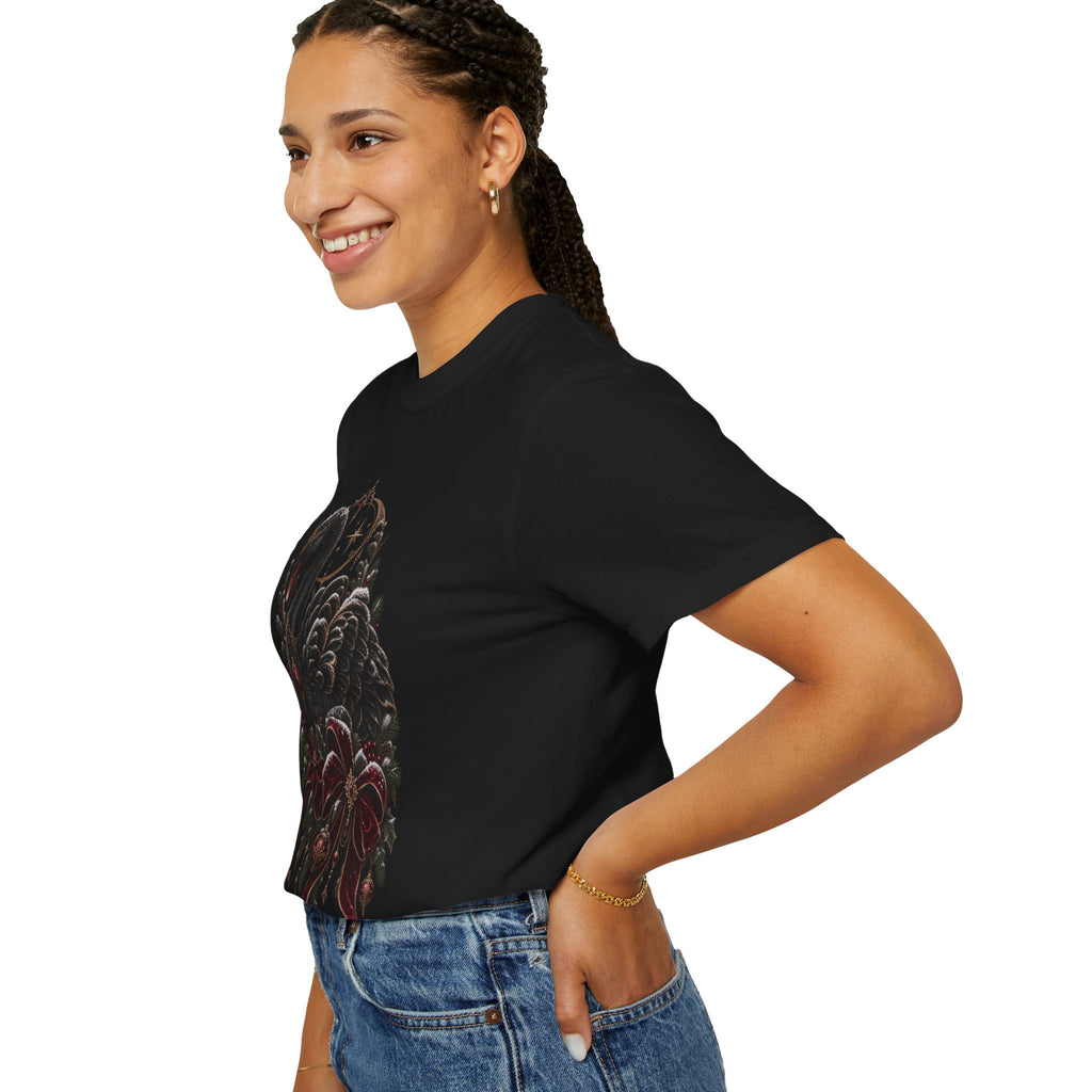 Black Swan Holiday T-Shirt — Gothic Swan with Red Bow & Ornaments