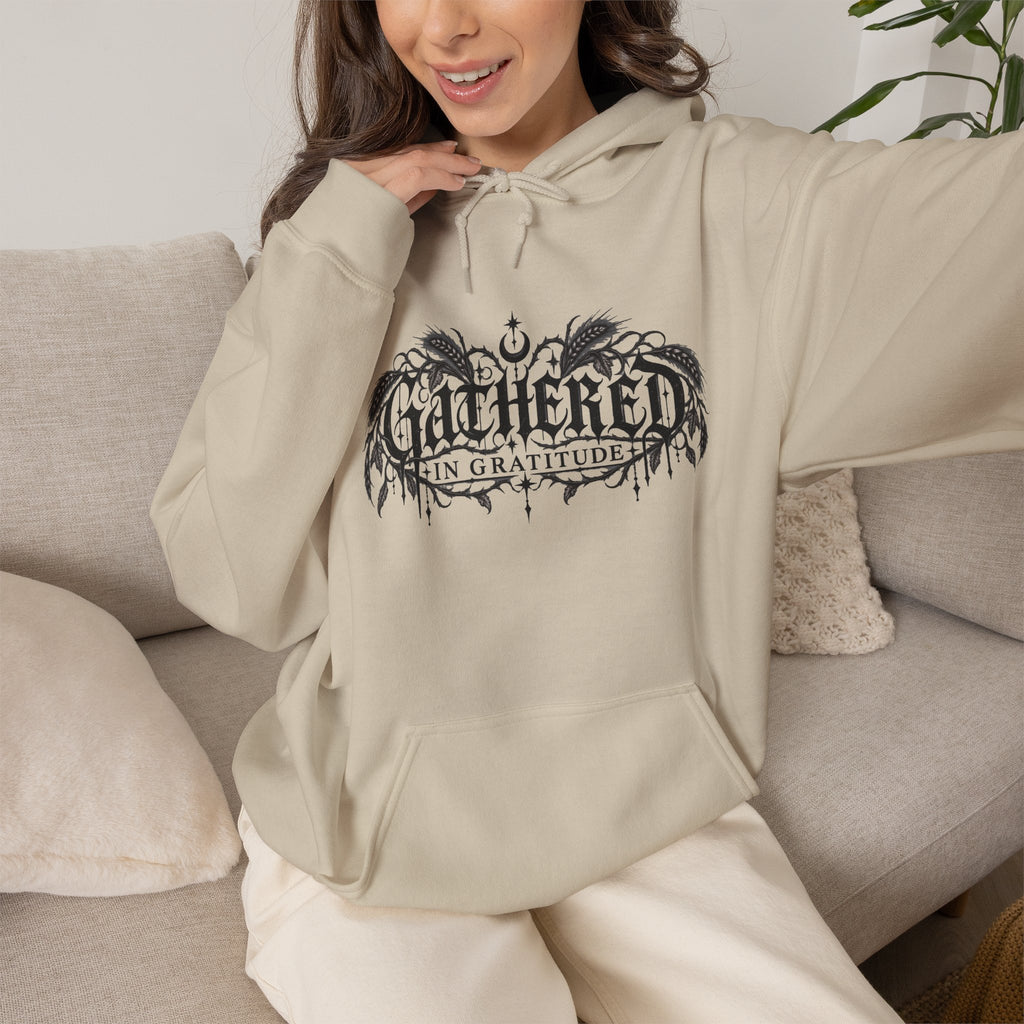 Gathered in Gratitude Hoodie — Gothic Winged Script Pullover