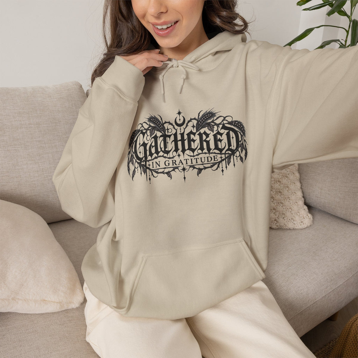 Gathered in Gratitude Hoodie — Gothic Winged Script Pullover