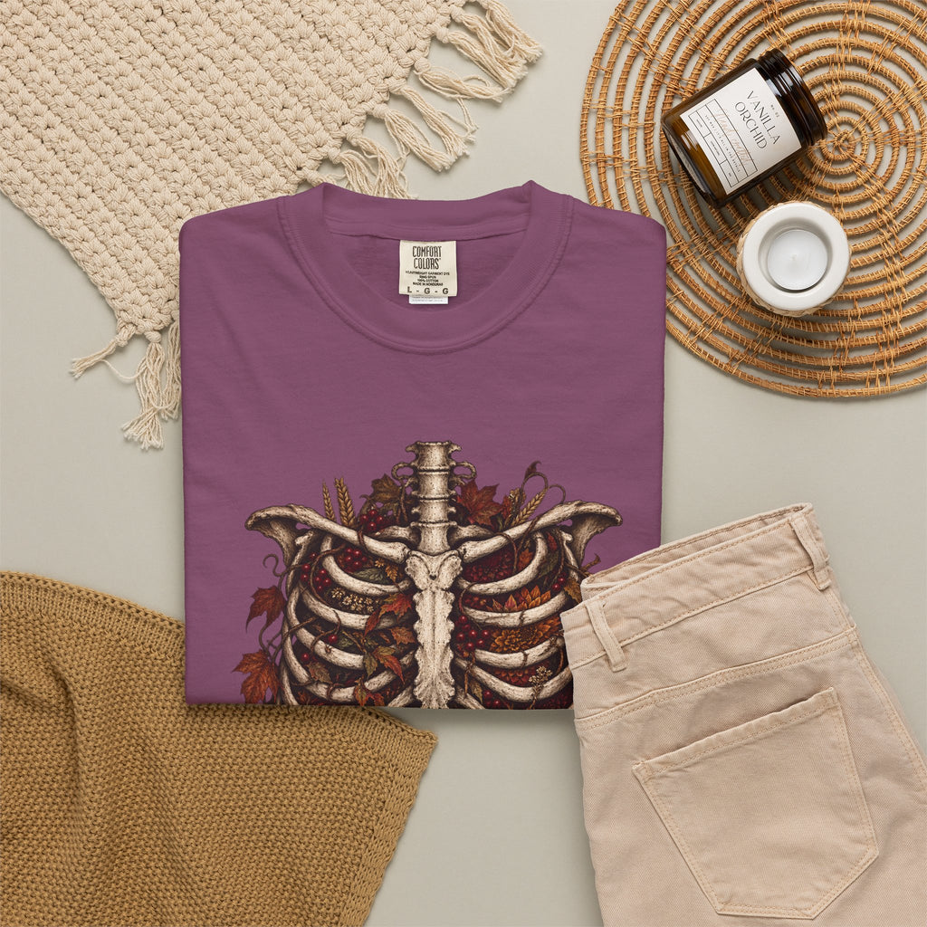 Anatomical Ribcage Tee with Autumn Leaves — Distressed Skeleton Chest Graphic T-Shirt