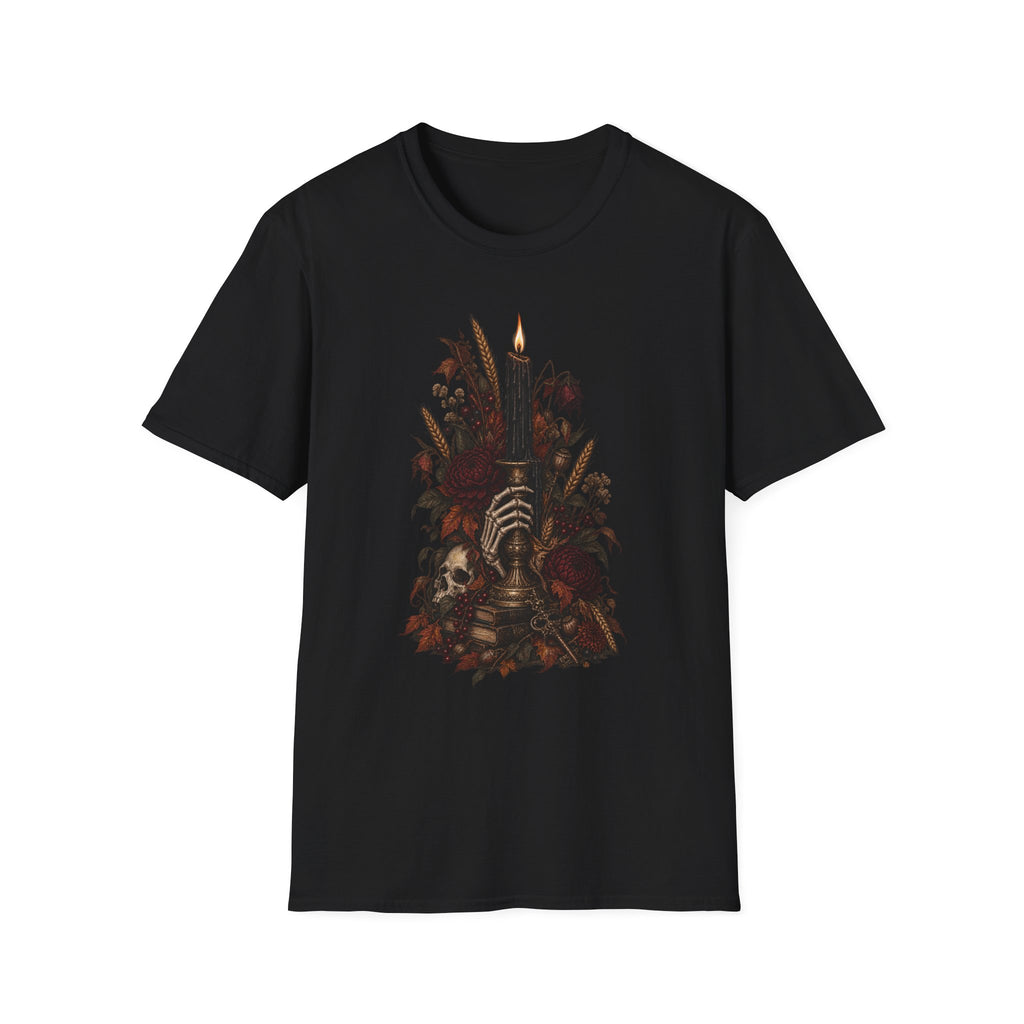 Gothic Candle T-Shirt — Hand Holding Burning Candle with Skull & Floral Design