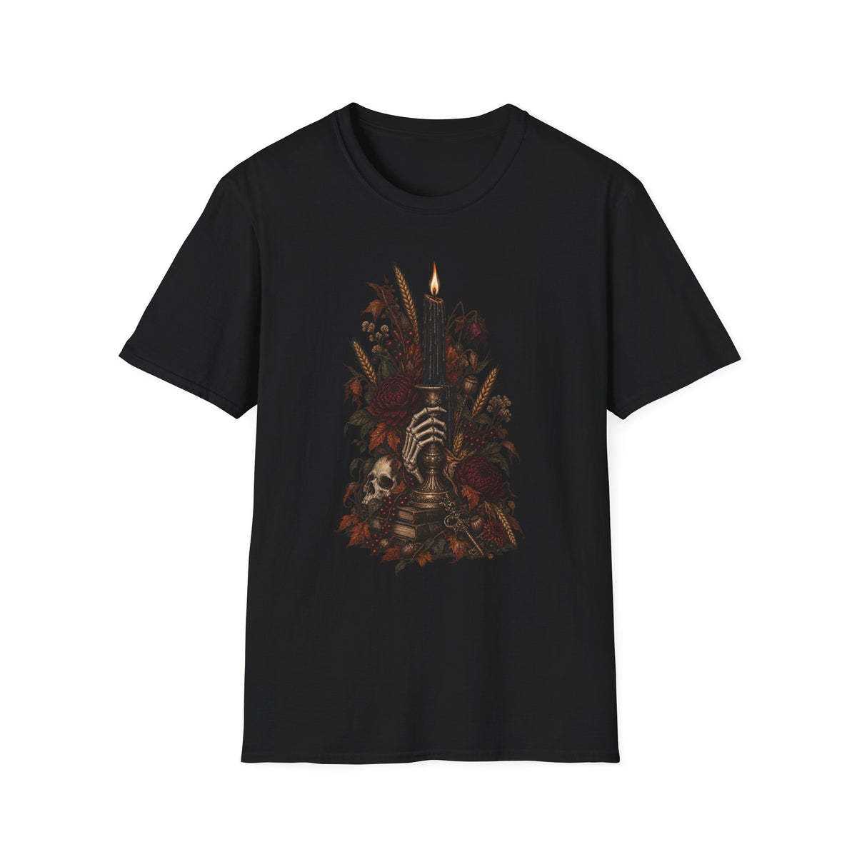 Gothic Candle T-Shirt — Hand Holding Burning Candle with Skull & Floral Design