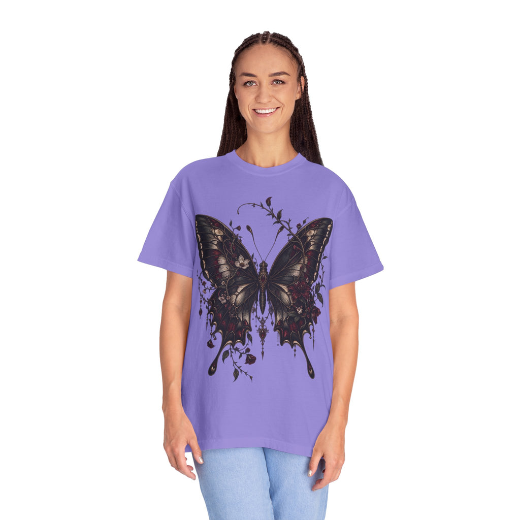Gothic Dark Butterfly T‑Shirt — Vintage Floral Moth Graphic