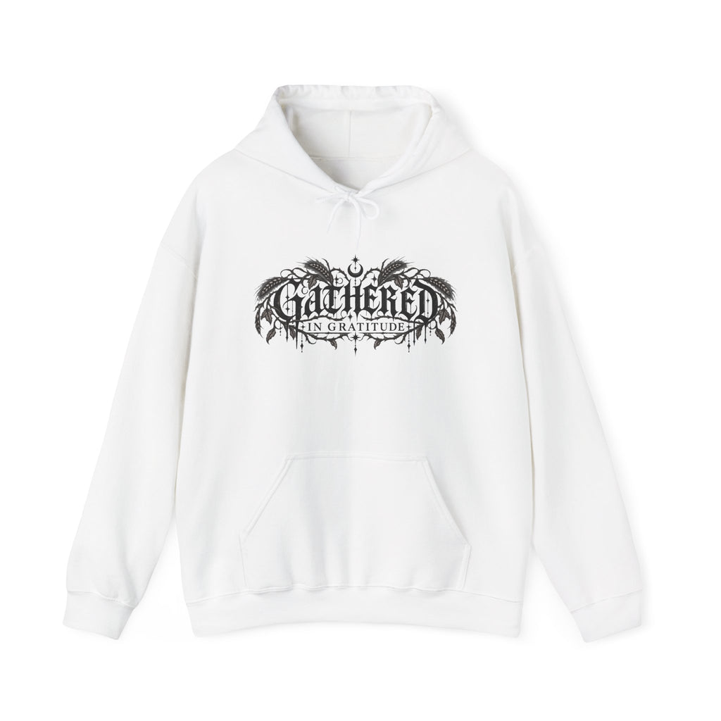 Gathered in Gratitude Hoodie — Gothic Winged Script Pullover