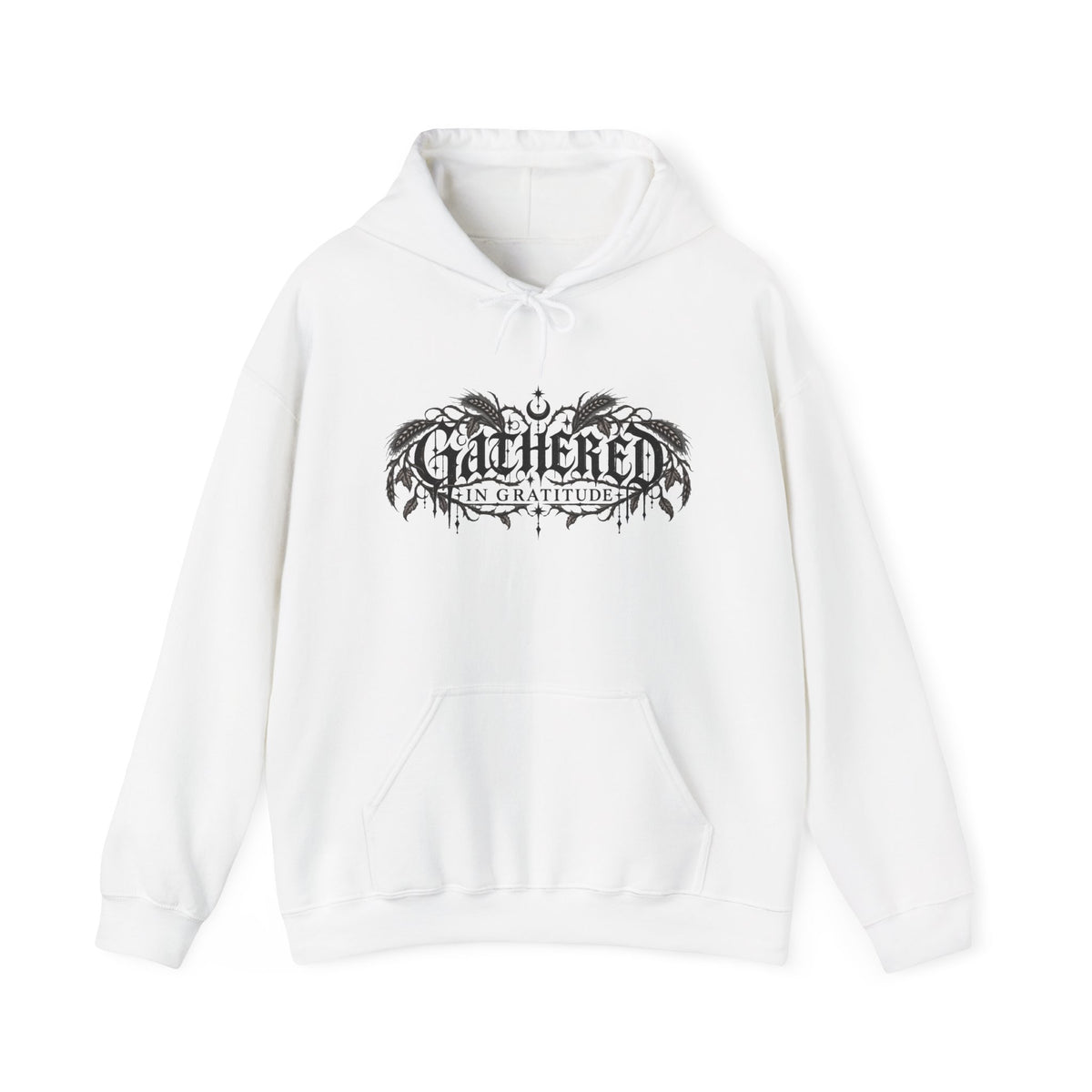 Gathered in Gratitude Hoodie — Gothic Winged Script Pullover