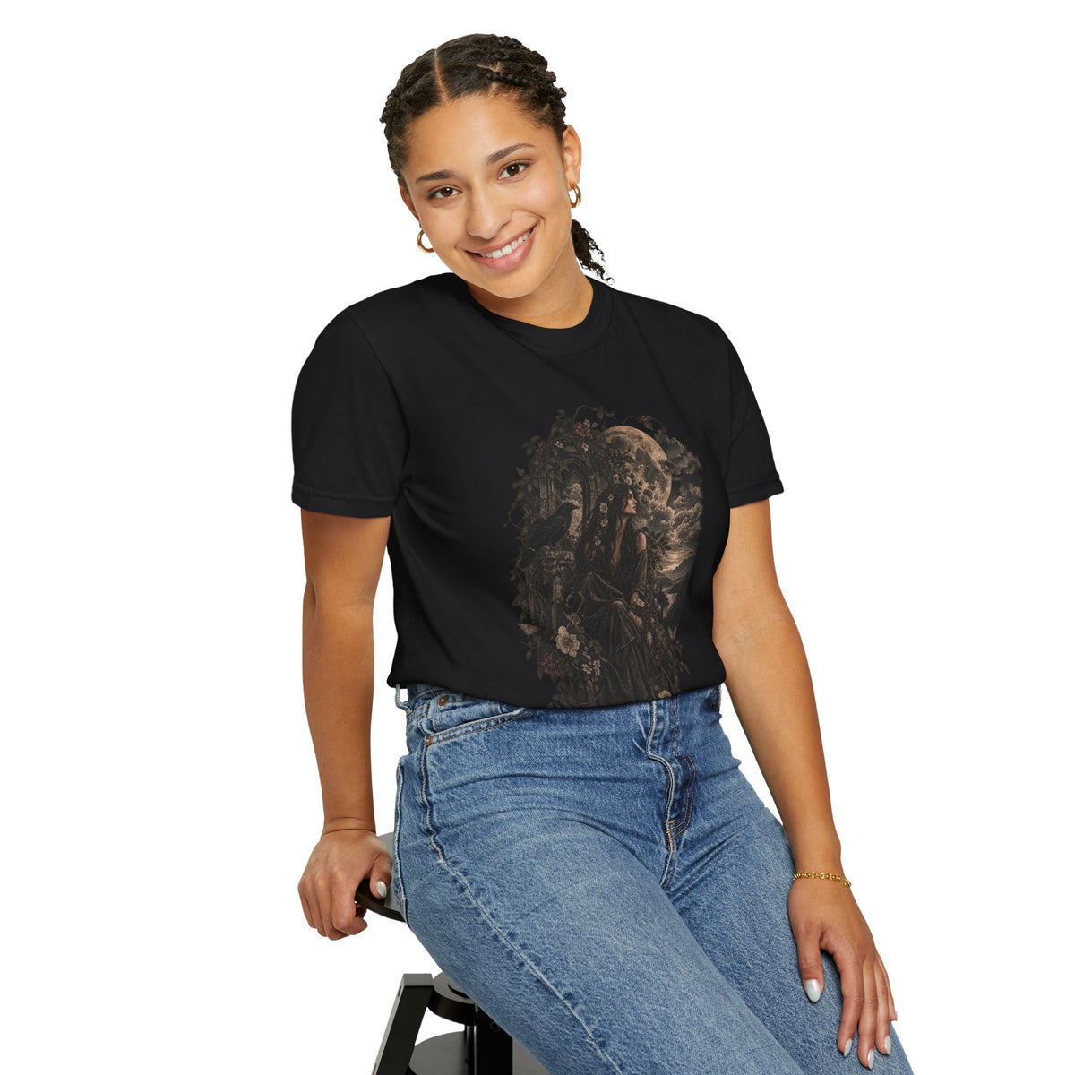 Moonlit Gothic Woman Tee — Raven & Dark Botanical Garden T-Shirt