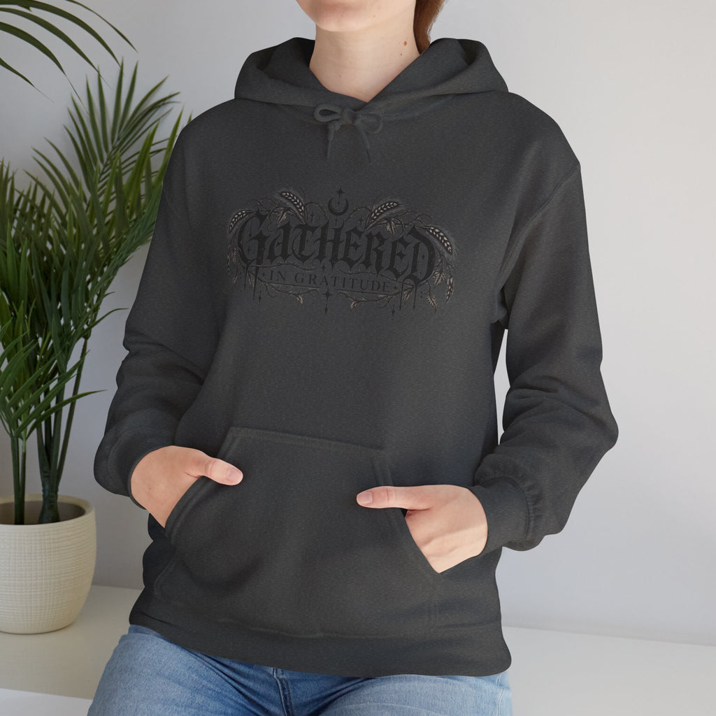 Gathered in Gratitude Hoodie — Gothic Winged Script Pullover