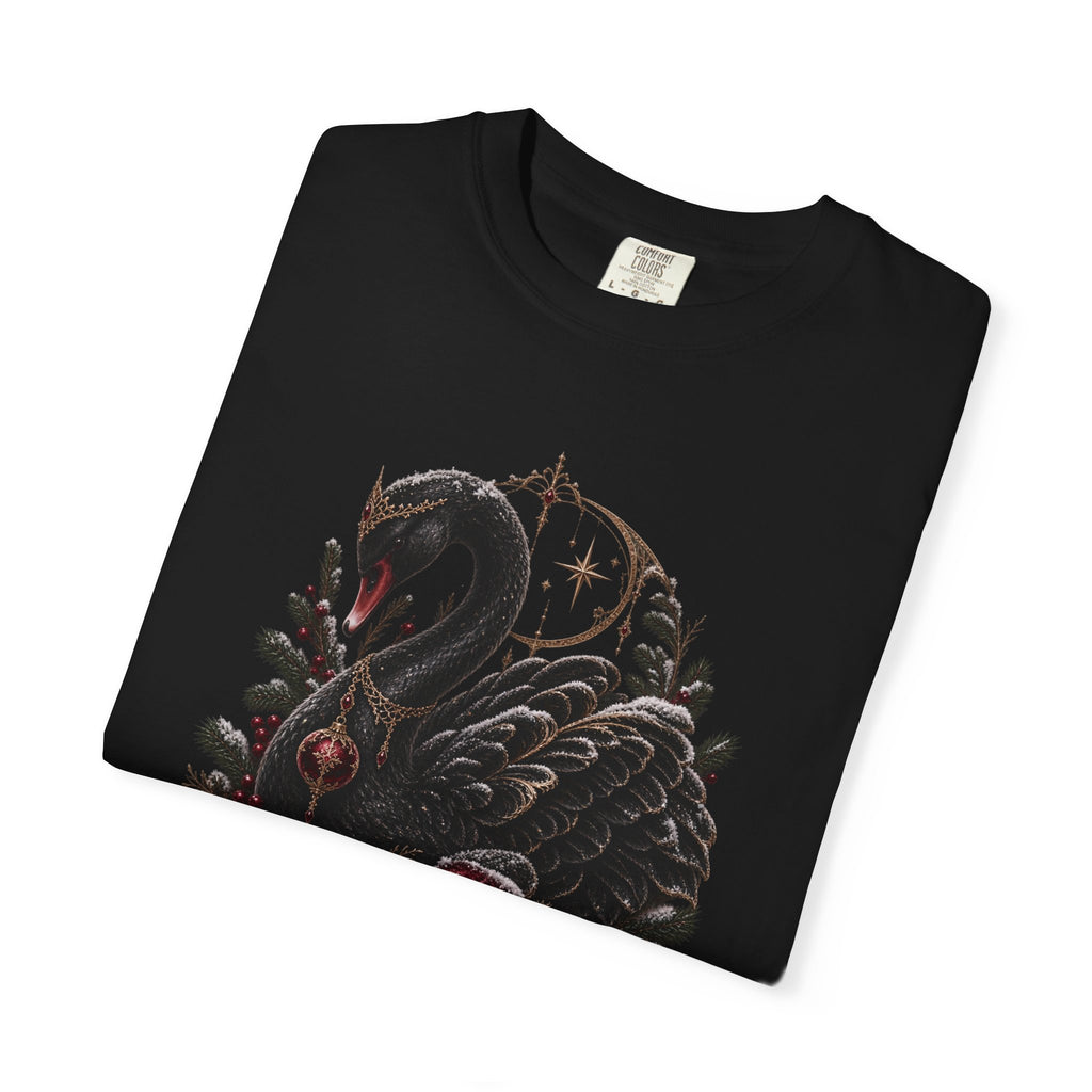 Black Swan Holiday T-Shirt — Gothic Swan with Red Bow & Ornaments