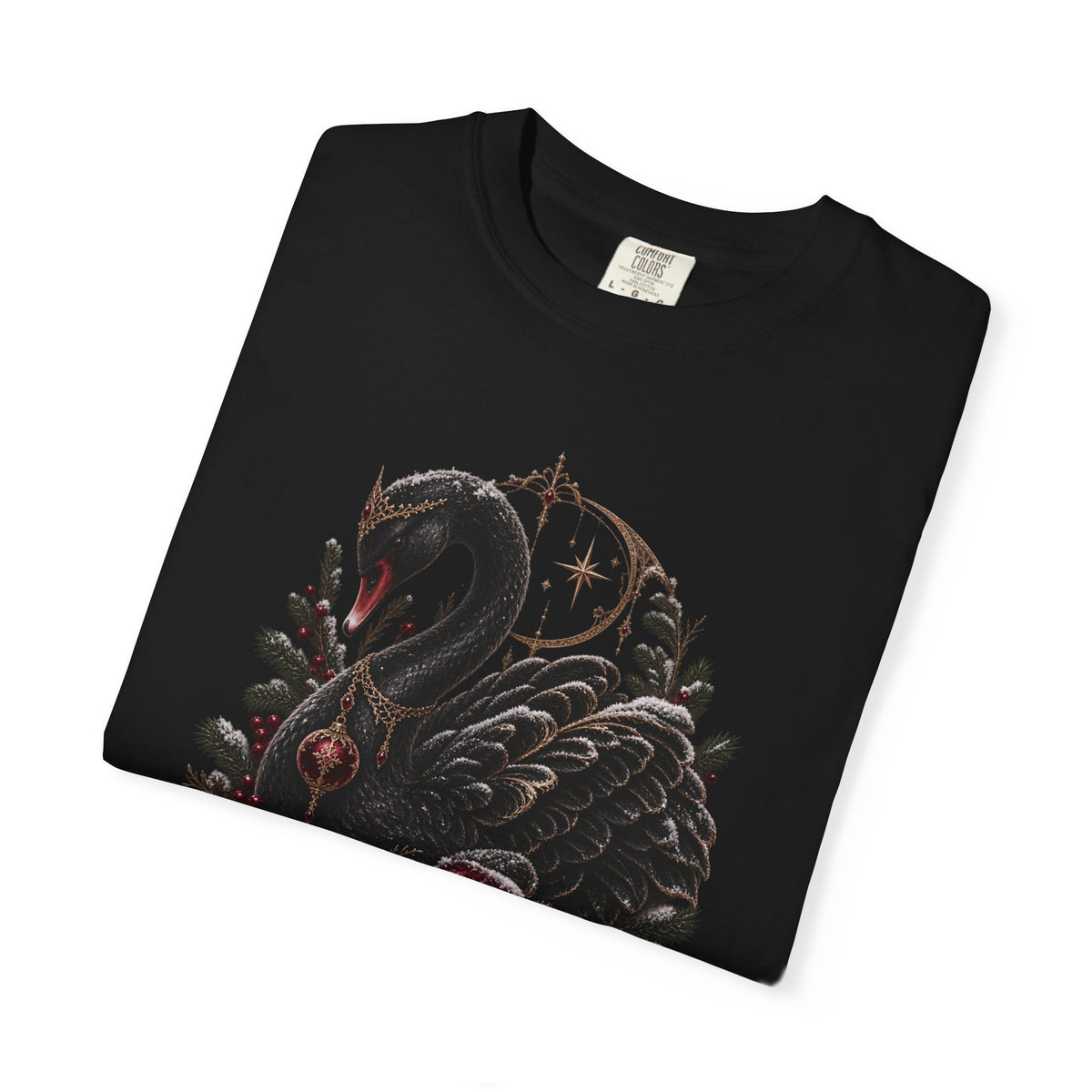 Black Swan Holiday T-Shirt — Gothic Swan with Red Bow & Ornaments