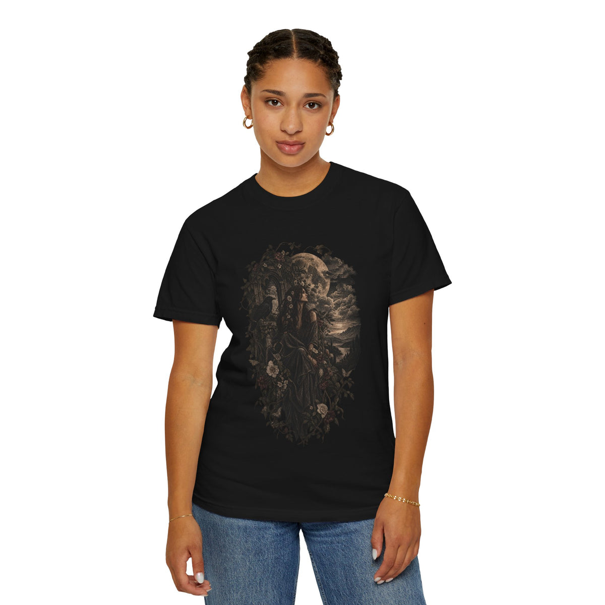 Moonlit Gothic Woman Tee — Raven & Dark Botanical Garden T-Shirt
