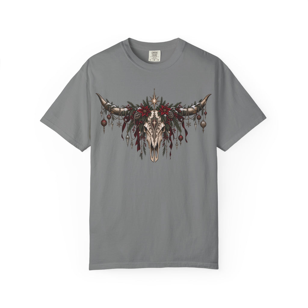 Western Skull Christmas T-Shirt — Boho Longhorn Design