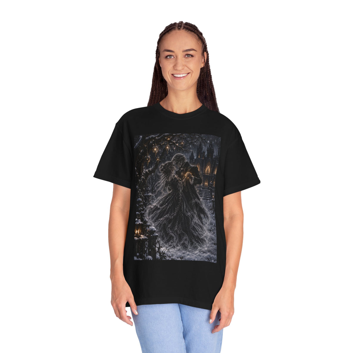 Gothic Winter Dance T-Shirt — Haunted Couple Embrace Midnight Snow