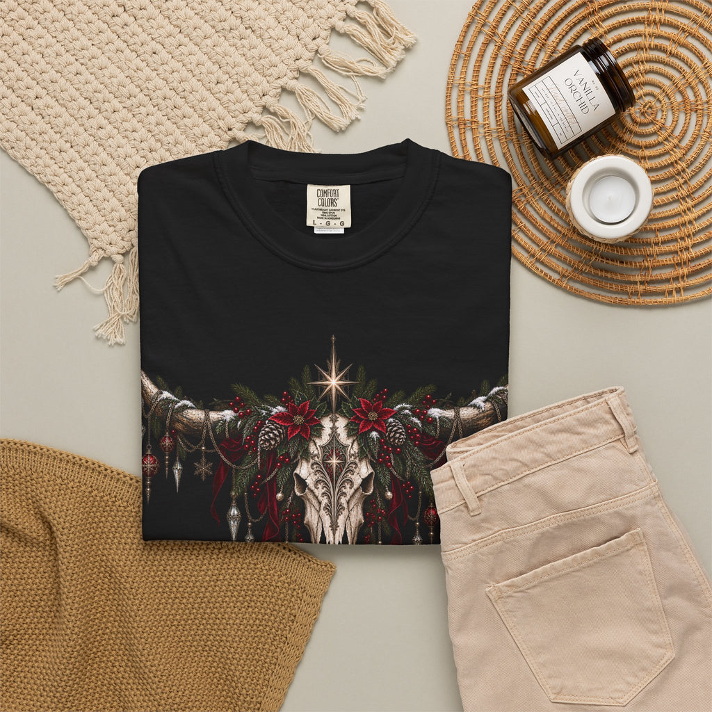 Western Skull Christmas T-Shirt — Boho Longhorn Design