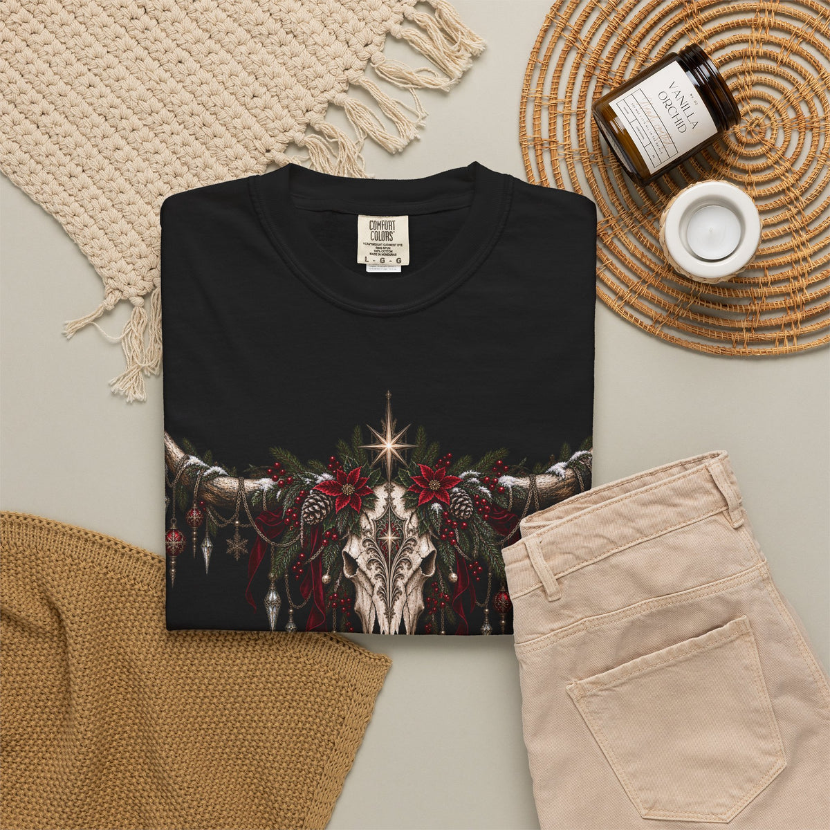 Western Skull Christmas T-Shirt — Boho Longhorn Design