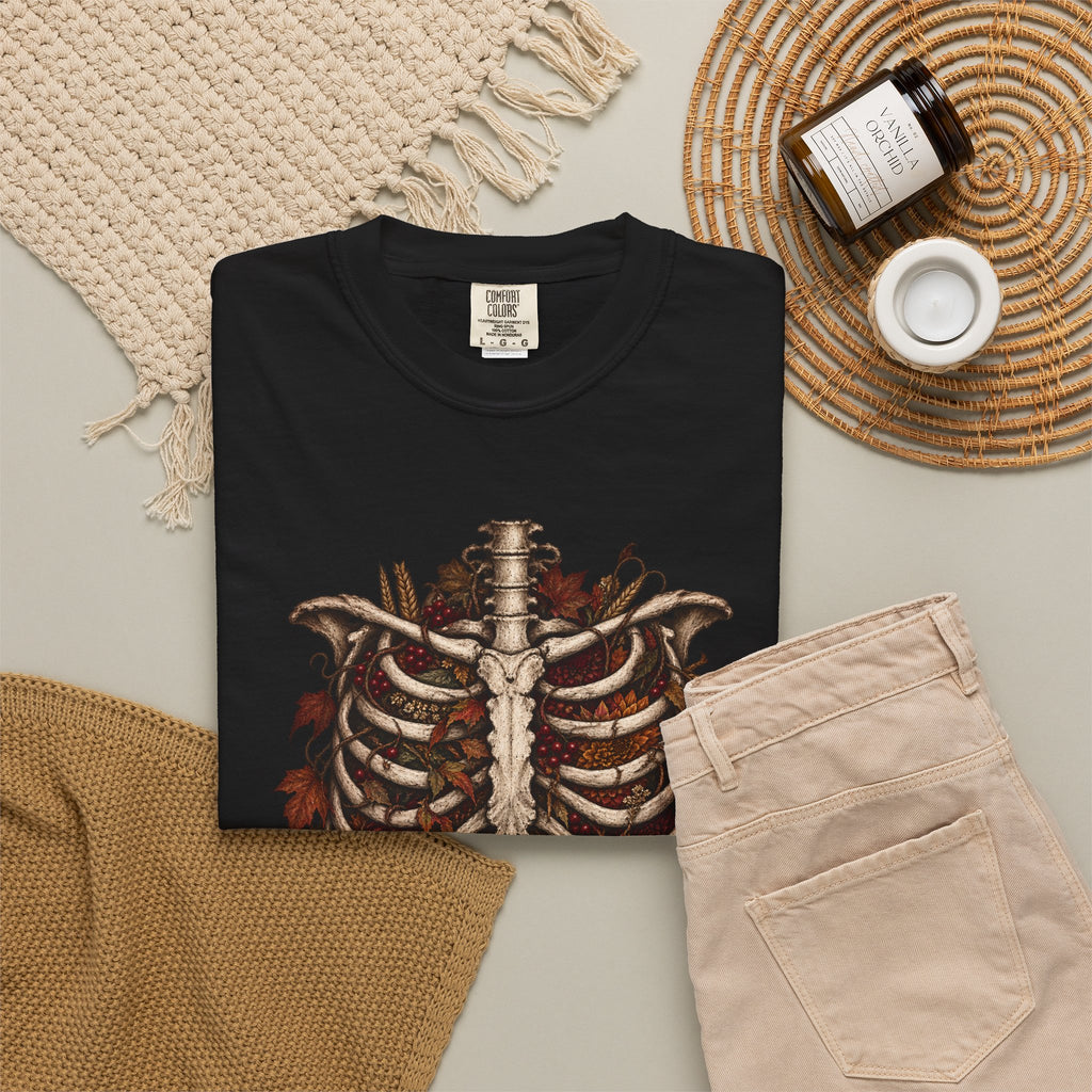 Anatomical Ribcage Tee with Autumn Leaves — Distressed Skeleton Chest Graphic T-Shirt