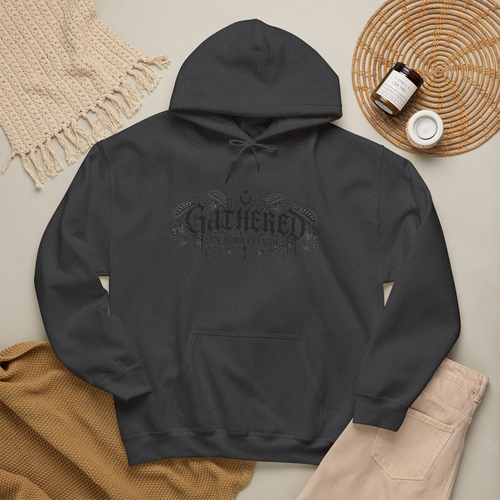 Gathered in Gratitude Hoodie — Gothic Winged Script Pullover