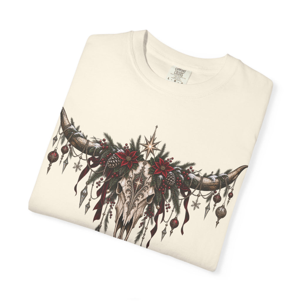 Western Skull Christmas T-Shirt — Boho Longhorn Design