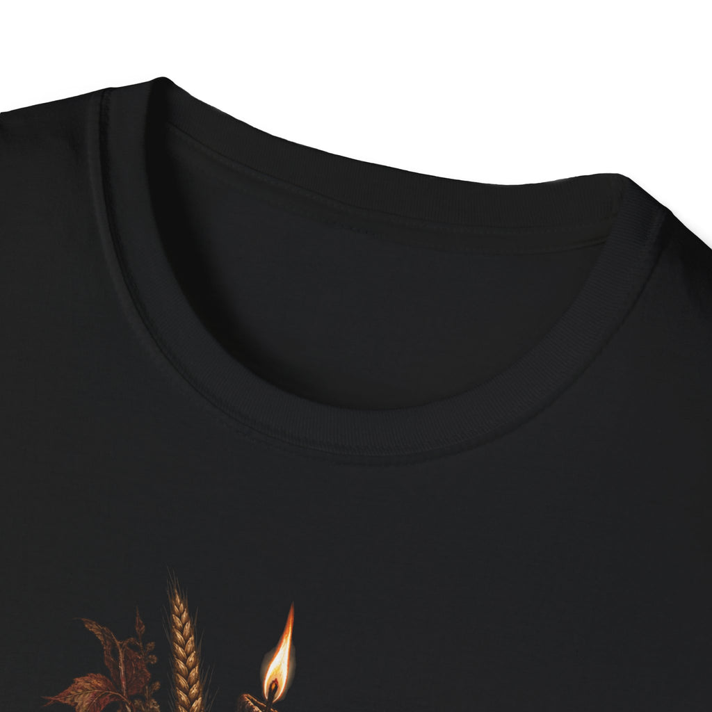 Gothic Candle T-Shirt — Hand Holding Burning Candle with Skull & Floral Design