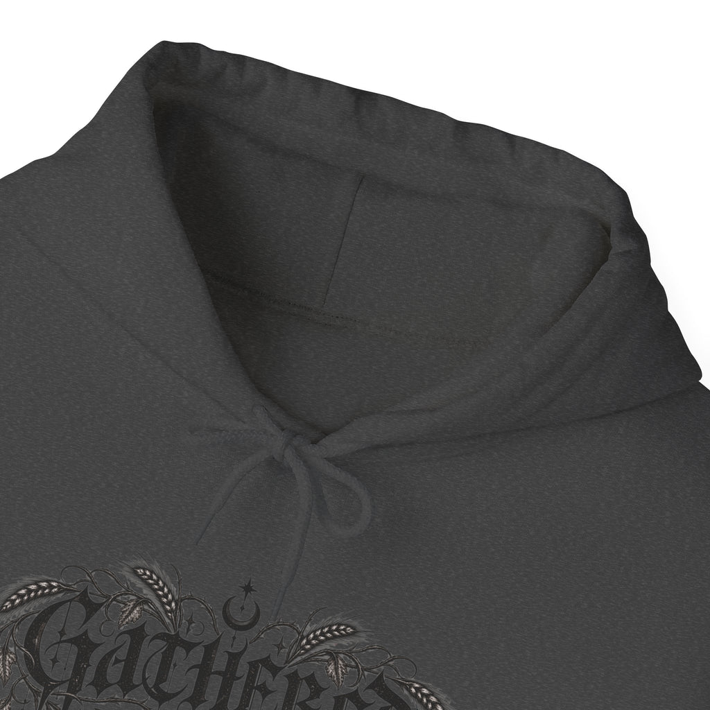 Gathered in Gratitude Hoodie — Gothic Winged Script Pullover