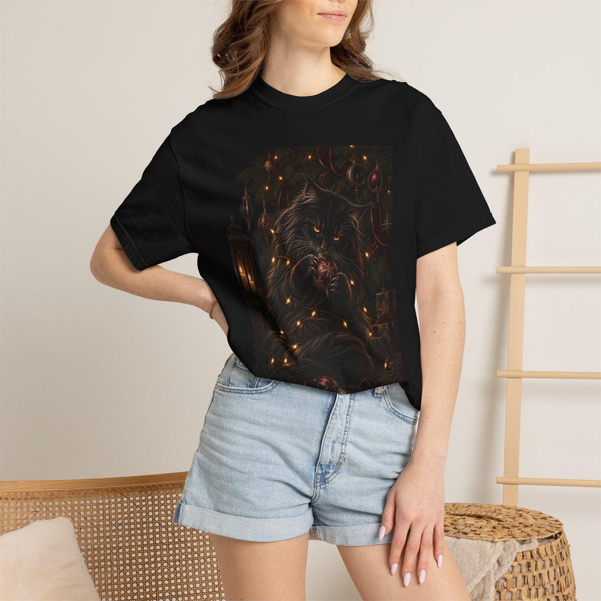 Black Cat Christmas T-Shirt — Gothic Holiday Lights Graphic