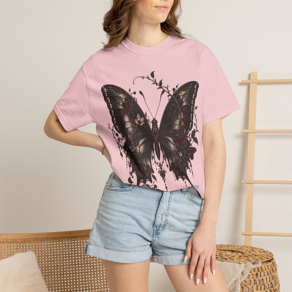 Gothic Dark Butterfly T‑Shirt — Vintage Floral Moth Graphic