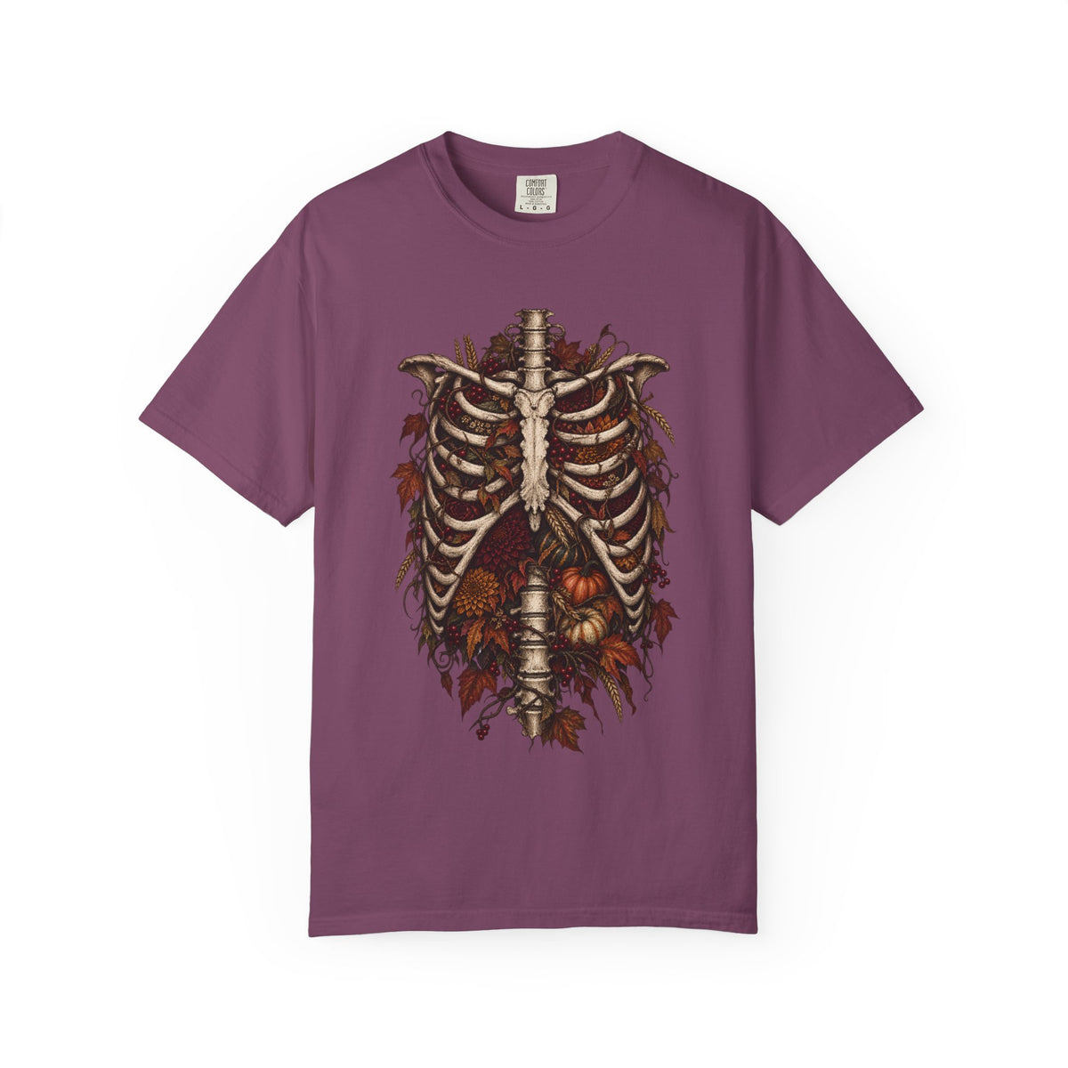 Anatomical Ribcage Tee with Autumn Leaves — Distressed Skeleton Chest Graphic T-Shirt