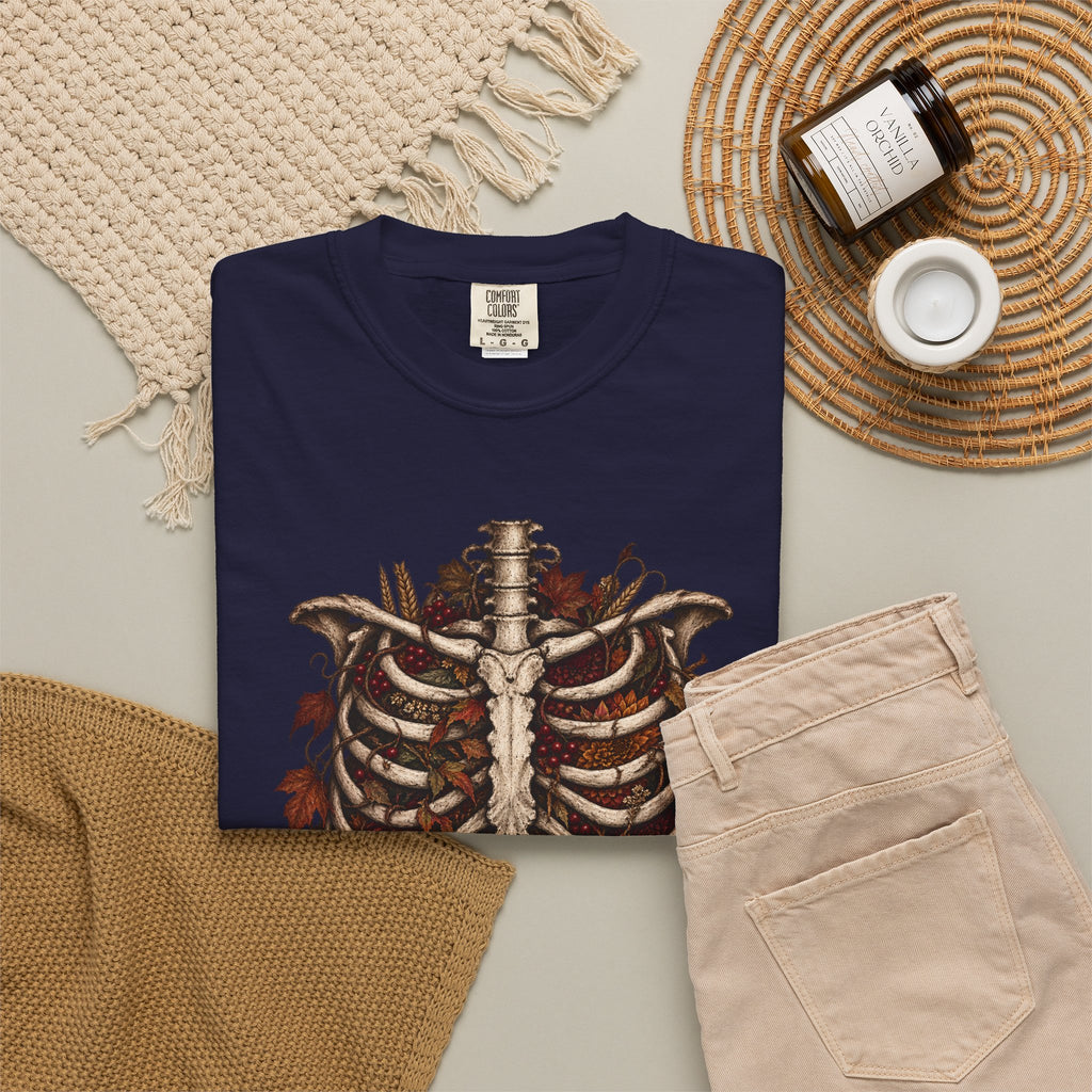 Anatomical Ribcage Tee with Autumn Leaves — Distressed Skeleton Chest Graphic T-Shirt