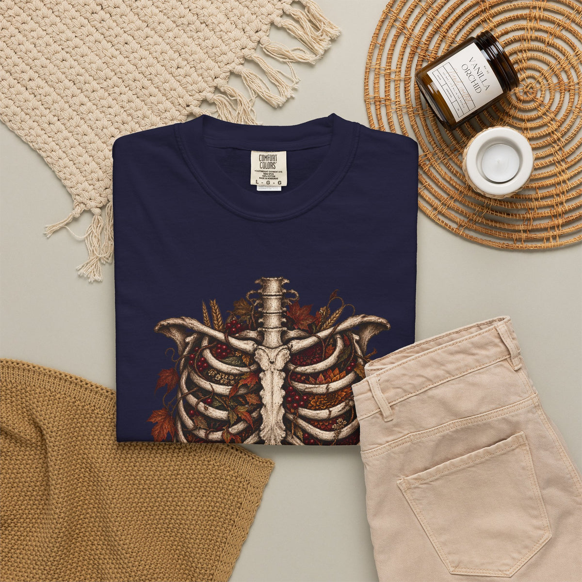 Anatomical Ribcage Tee with Autumn Leaves — Distressed Skeleton Chest Graphic T-Shirt