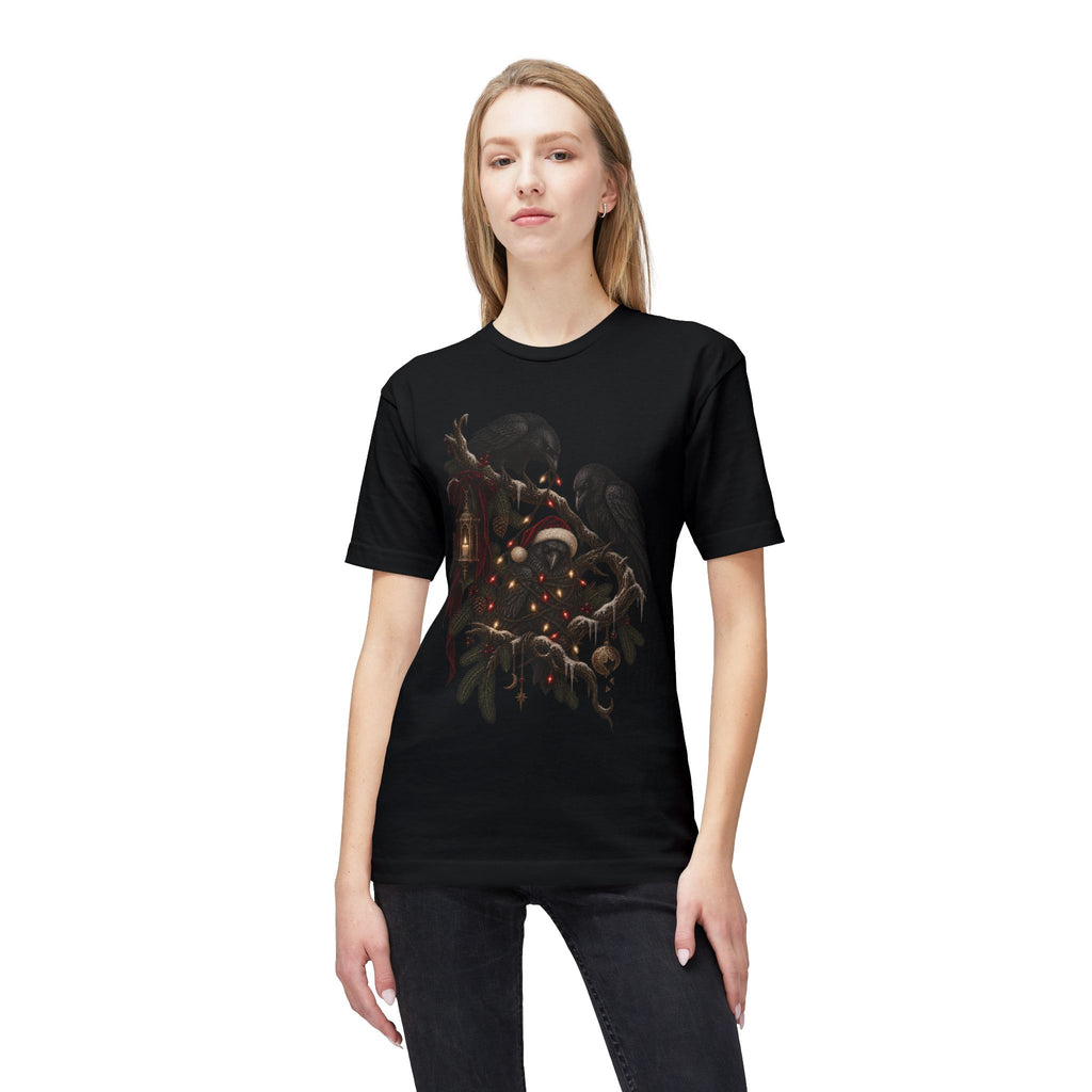 Christmas Crow T-Shirt — Festive Raven with Ornaments & Lights