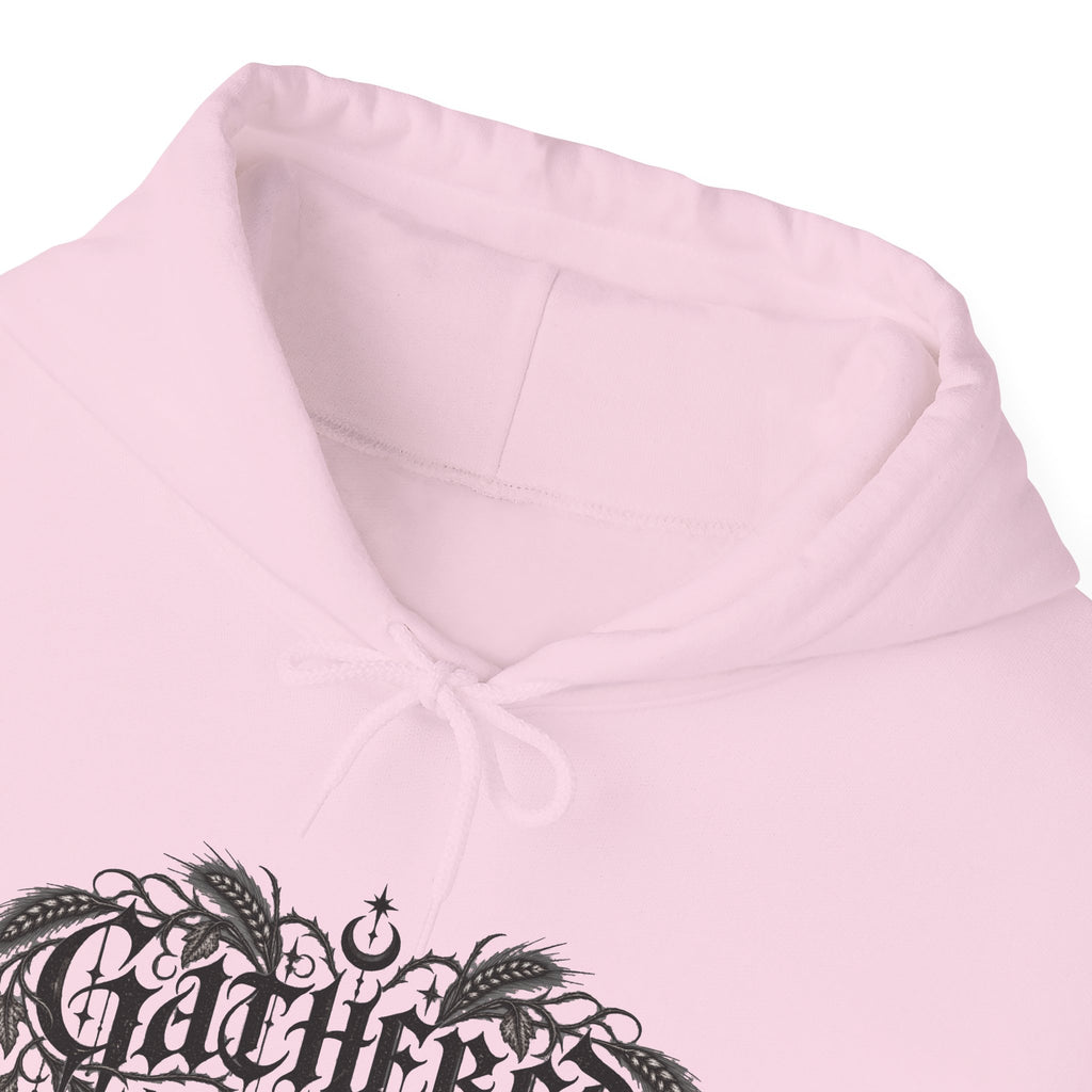 Gathered in Gratitude Hoodie — Gothic Winged Script Pullover