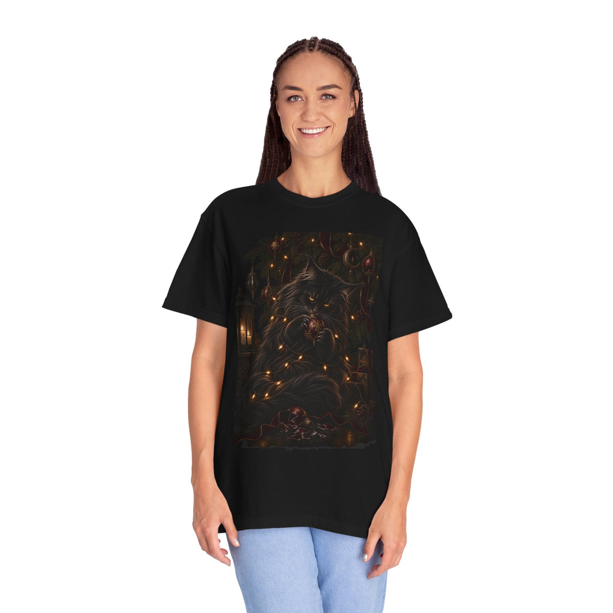Black Cat Christmas T-Shirt — Gothic Holiday Lights Graphic