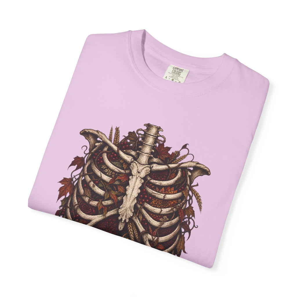 Anatomical Ribcage Tee with Autumn Leaves — Distressed Skeleton Chest Graphic T-Shirt