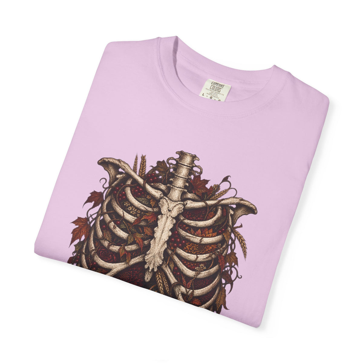 Anatomical Ribcage Tee with Autumn Leaves — Distressed Skeleton Chest Graphic T-Shirt