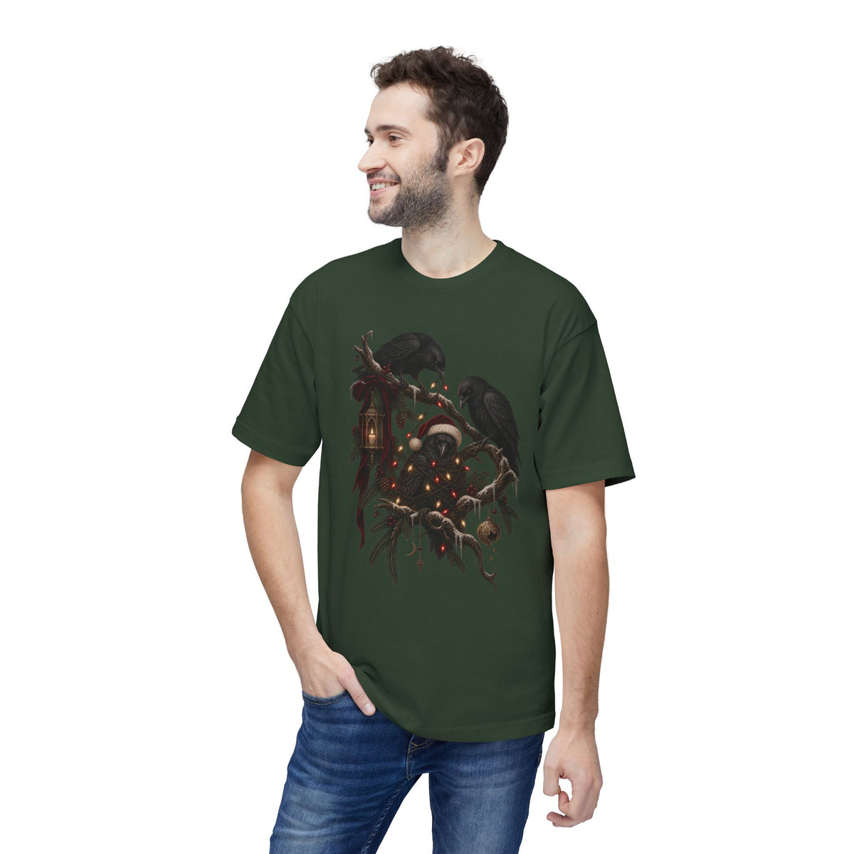 Christmas Crow T-Shirt — Festive Raven with Ornaments & Lights
