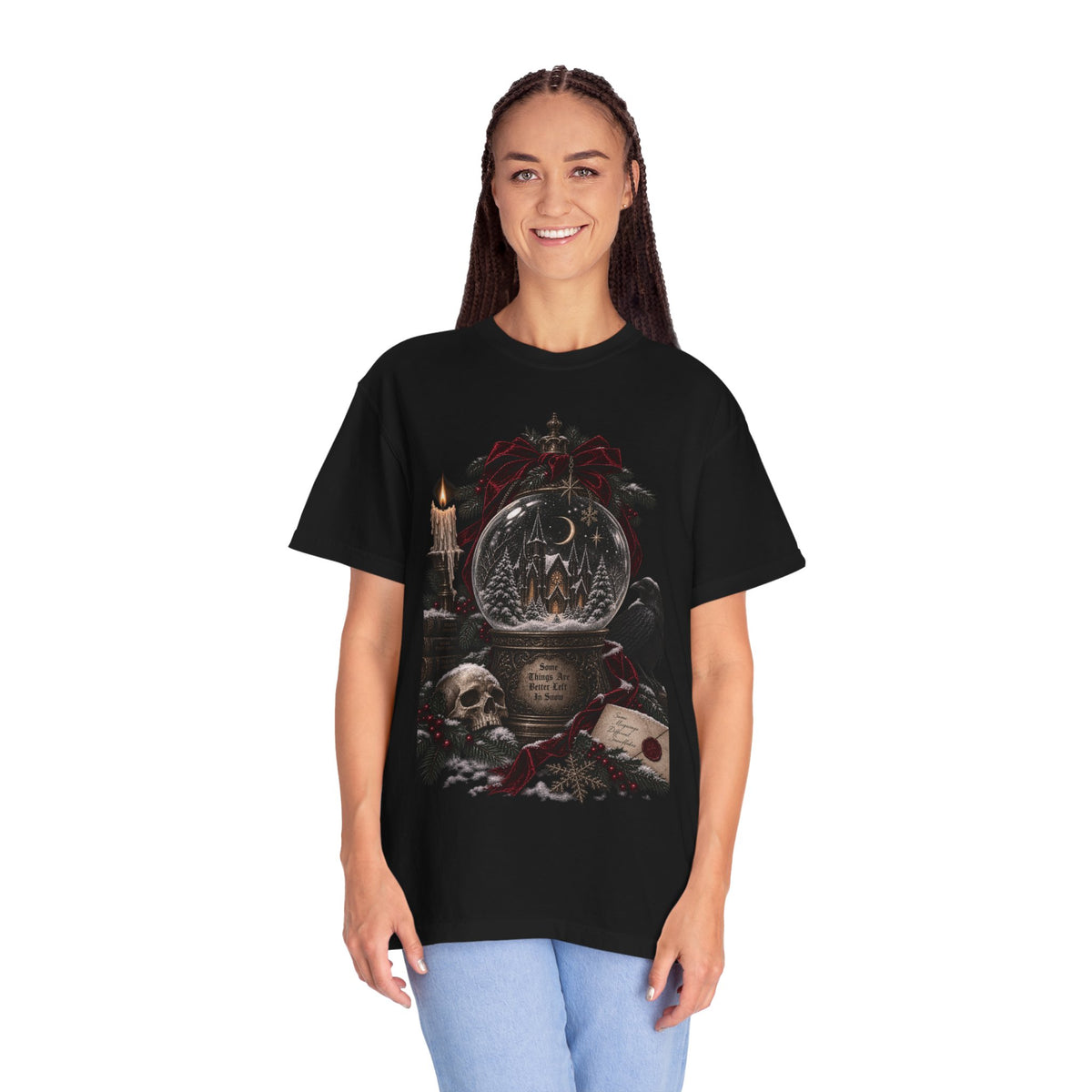 Gothic Snow Globe T-Shirt — Dark Holiday Skull & Raven Winter Scene
