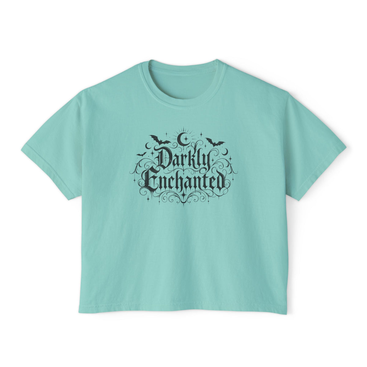 Darkly Enchanted Women's Boxy Tee — Gothic Moon & Bats Graphic
