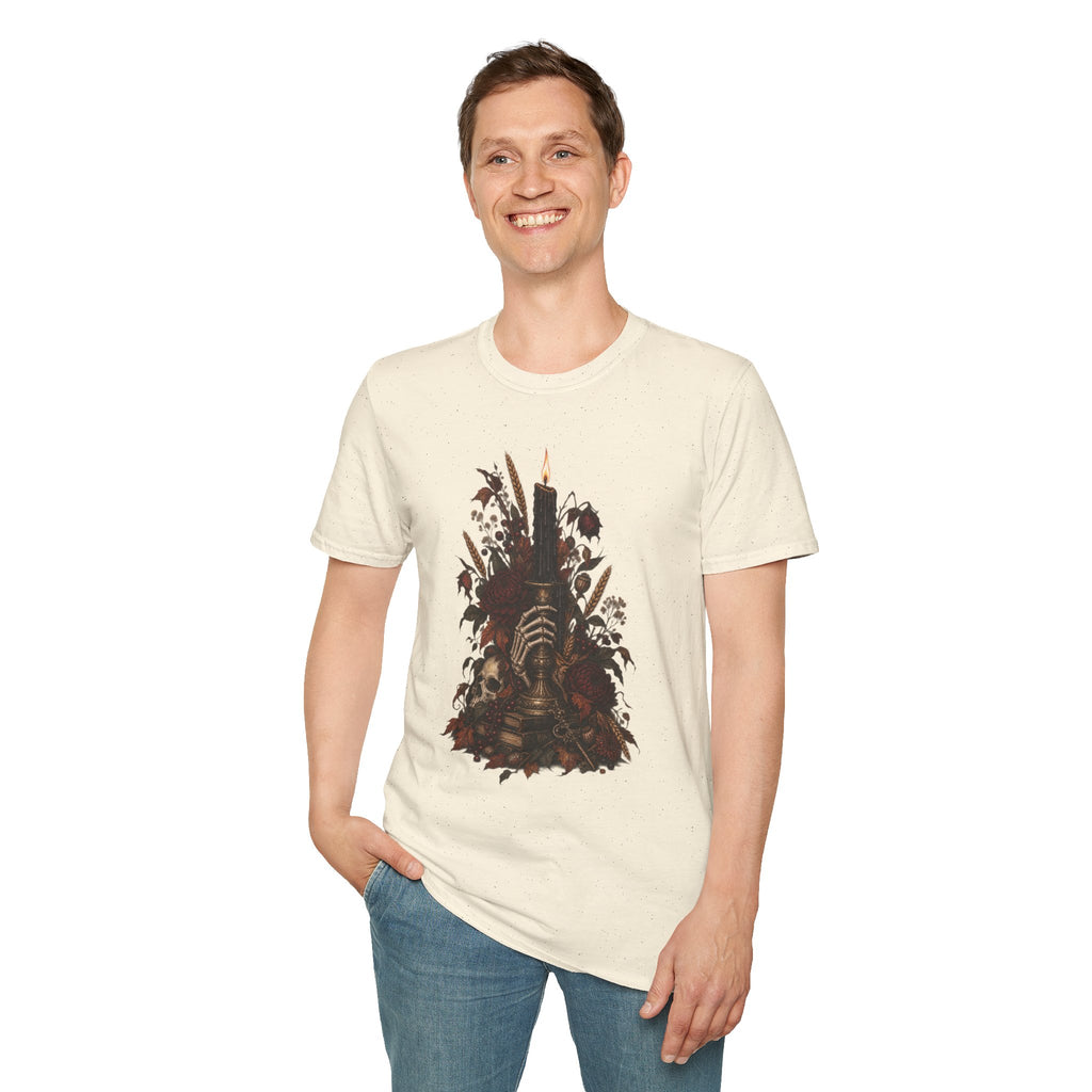 Gothic Candle T-Shirt — Hand Holding Burning Candle with Skull & Floral Design
