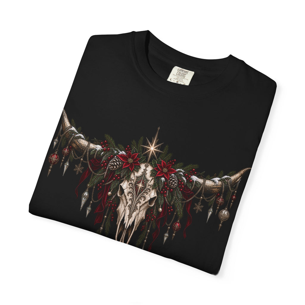 Western Skull Christmas T-Shirt — Boho Longhorn Design