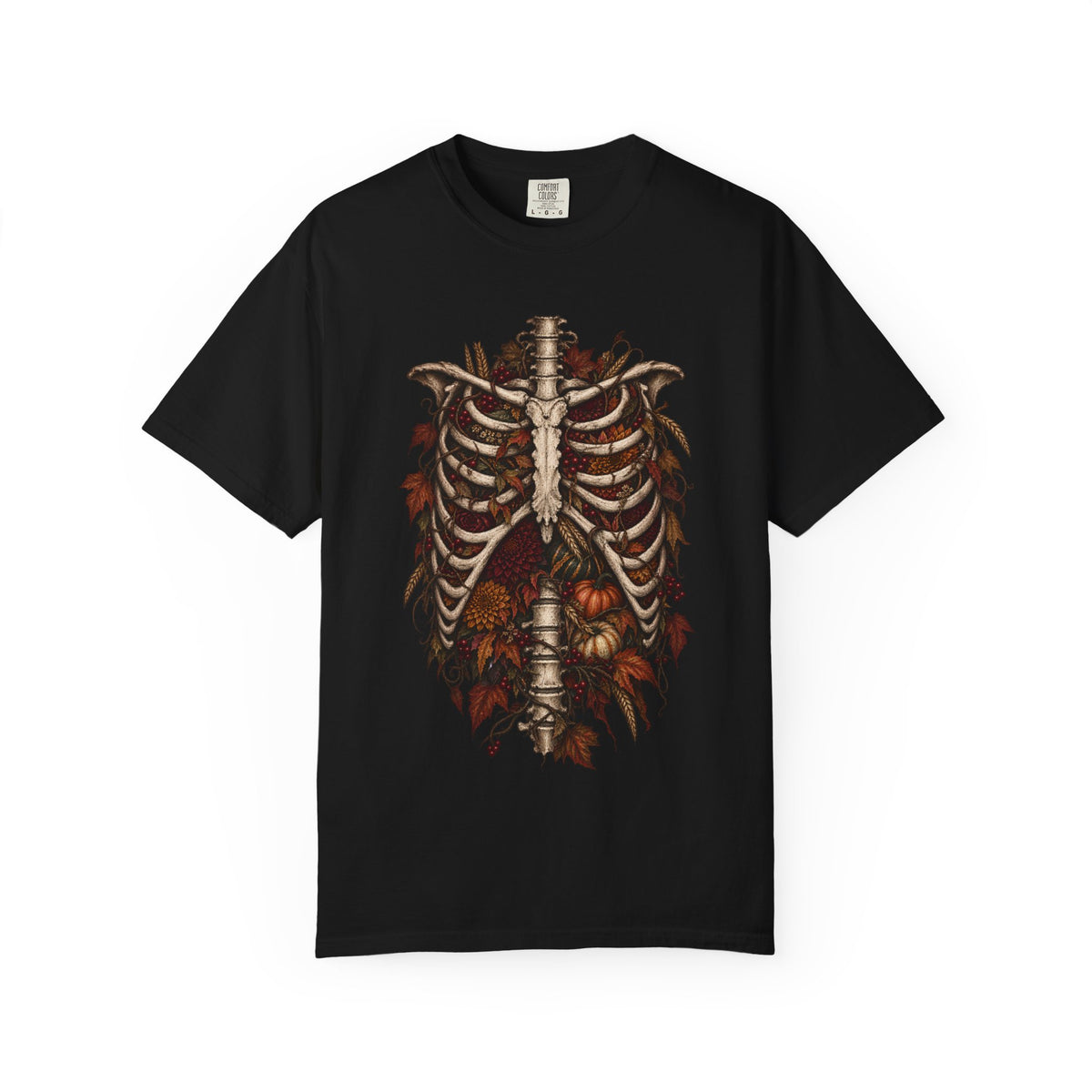 Anatomical Ribcage Tee with Autumn Leaves — Distressed Skeleton Chest Graphic T-Shirt