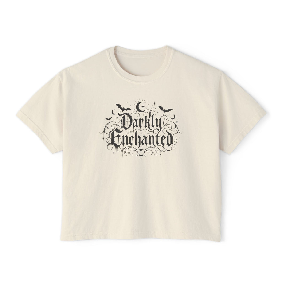 Darkly Enchanted Women's Boxy Tee — Gothic Moon & Bats Graphic
