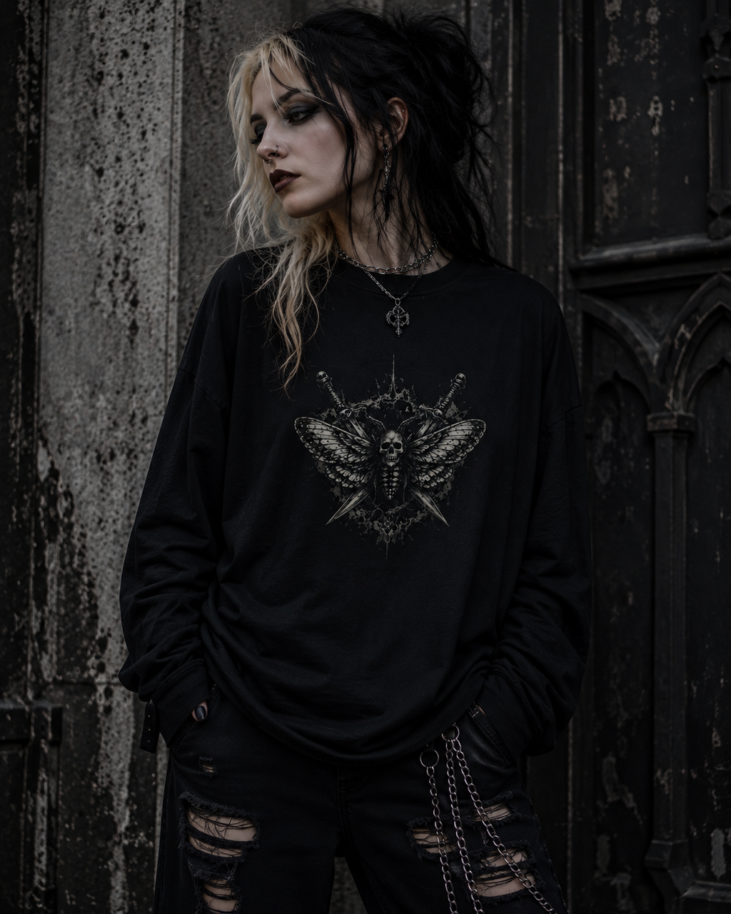 Skull Moth Long-Sleeve T-Shirt — Gothic Insect Illustration