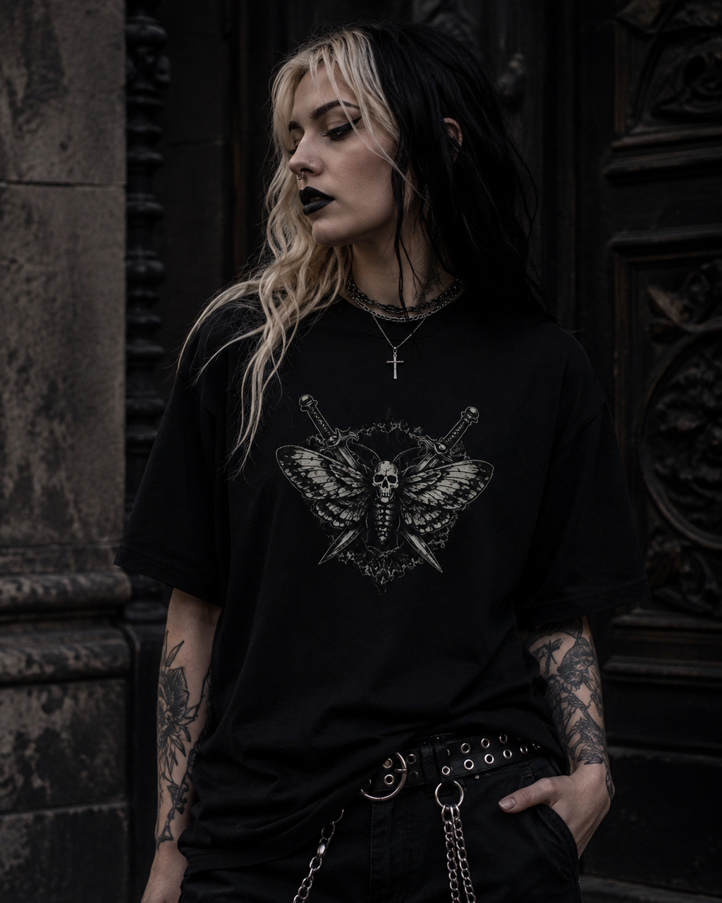 Gothic Skull Moth T-Shirt — Dark Tattoo Art