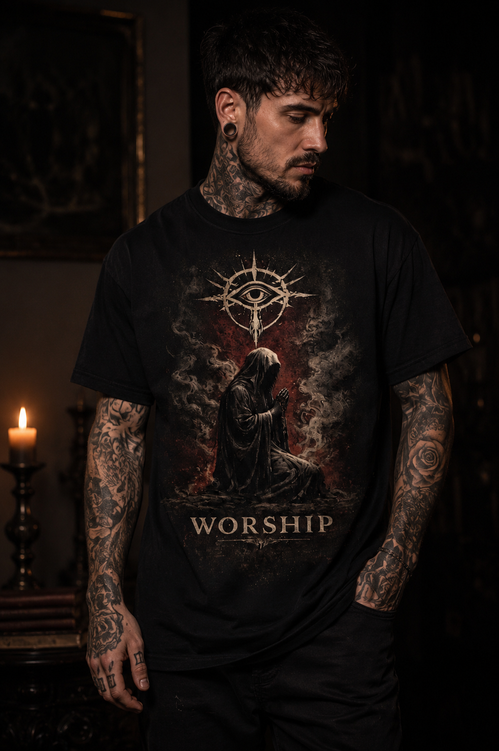 Worship Gothic Eye T-Shirt — Dark Religious Art