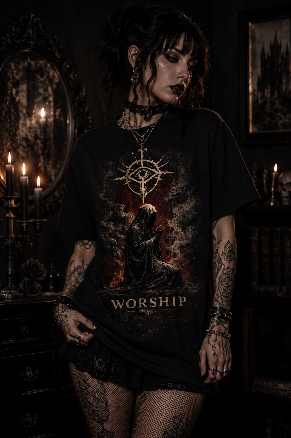 Worship Gothic Eye T-Shirt — Dark Religious Art