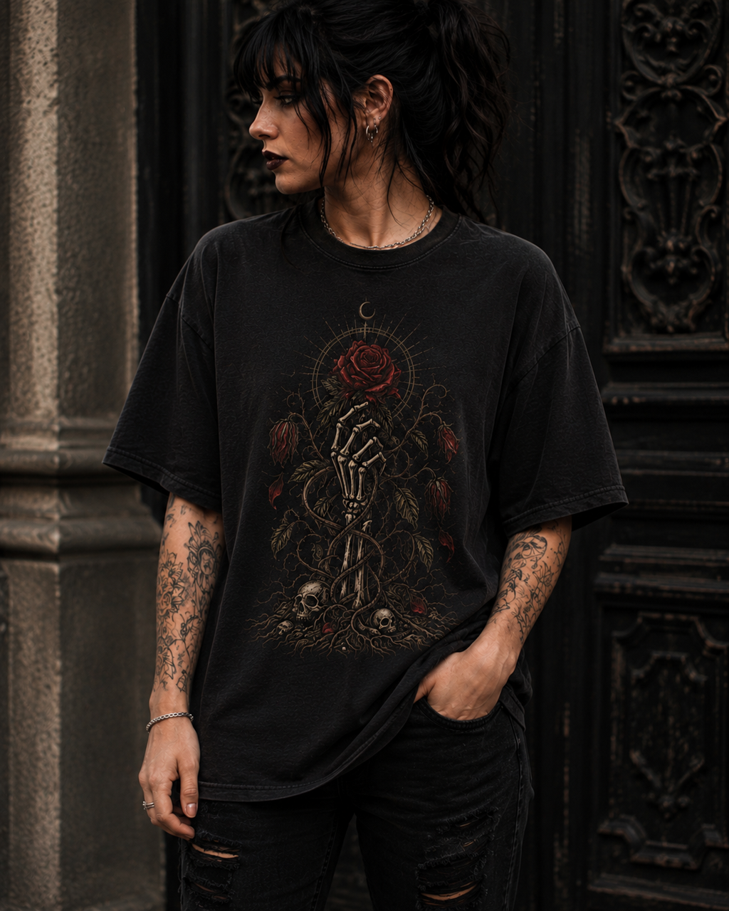 Skeleton Hand & Rose T-Shirt — Gothic Floral Illustration